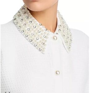 Sioni White Blazer with Pearl Embellished Collar